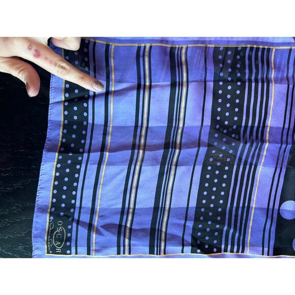 Oscar- Oscar De La Renta- silky purple black polka dots- neck scarf- gold - Picture 5 of 7